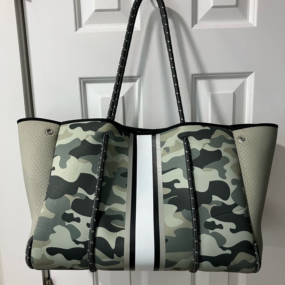 HAUTE SHORE Camouflage Tote with Black and White Stripes